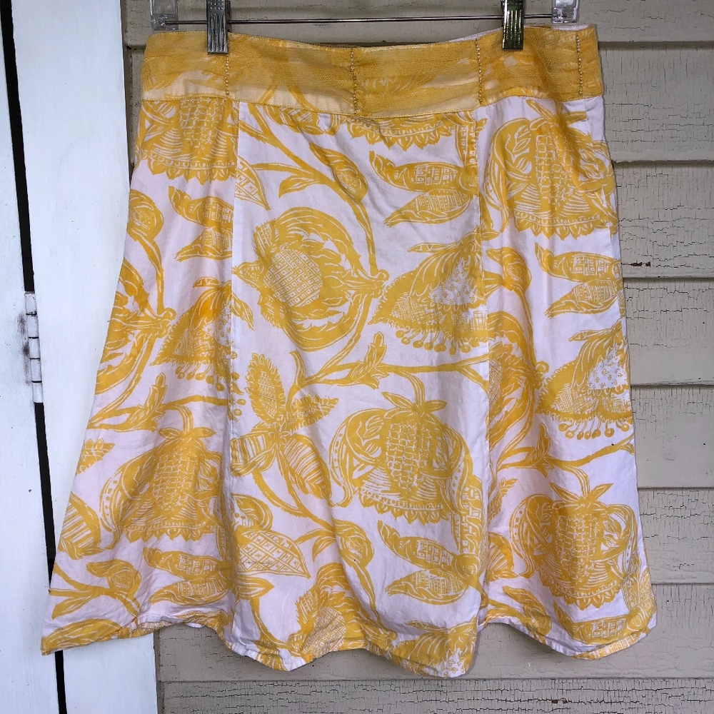 FORK Gold & white floral/leaf print cotton skirt w